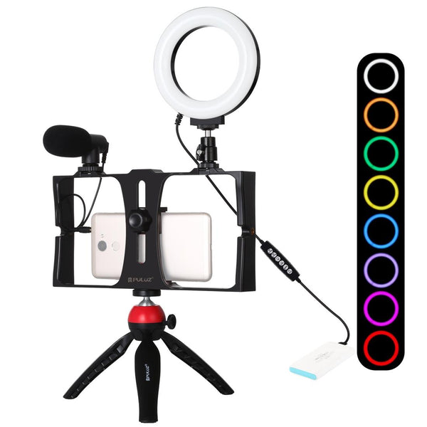 Vlogging Live Broadcast Smartphone Video Rig With 4.7 Inch Rgbw Ring Led Selfie Light Microphone And Pocket Tripod Mount Kit_Red Selfie Lights