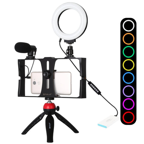 Vlogging Live Broadcast Smartphone Video Rig With 4.7 Inch Rgbw Ring Led Selfie Light Microphone And Pocket Tripod Mount Kit_Red Selfie Lights