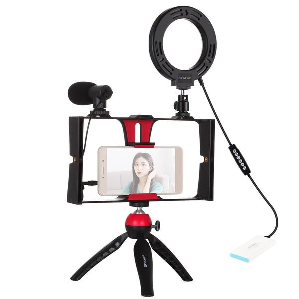 Vlogging Live Broadcast Smartphone Video Rig With 4.7 Inch Rgbw Ring Led Selfie Light Microphone And Pocket Tripod Mount Kit_Red Selfie Lights