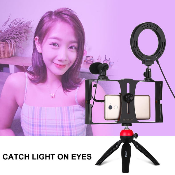 Vlogging Live Broadcast Smartphone Video Rig With 4.7 Inch Rgbw Ring Led Selfie Light Microphone And Pocket Tripod Mount Kit_Red Selfie Lights