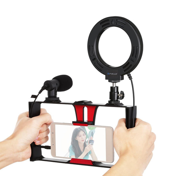 3 In 1 Vlogging Kit With Smartphone Rig Microphone And Led Ring Light_Red Other Mobile Accessories