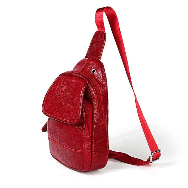 Men Litchi Texture Full Grain Cowhide Crossbody Bag Red Bags