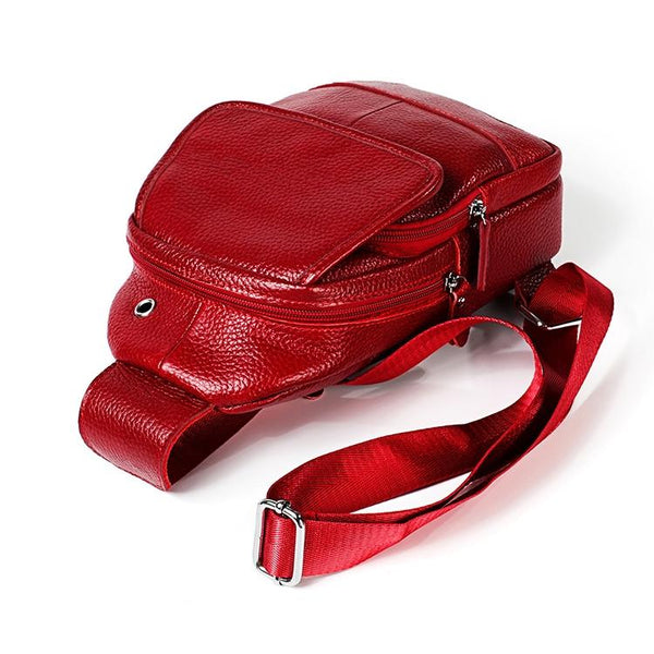 Men Litchi Texture Full Grain Cowhide Crossbody Bag Red Bags