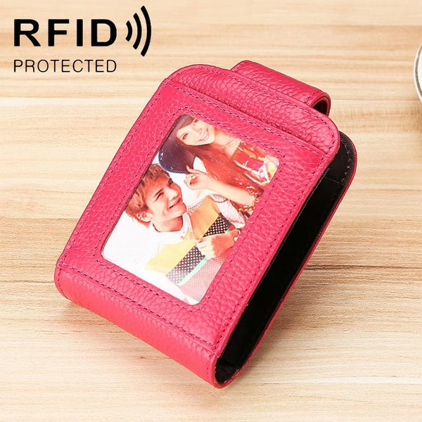 Women Vertical Cowhide Leather Rfid Wallet Rose Red Wallets