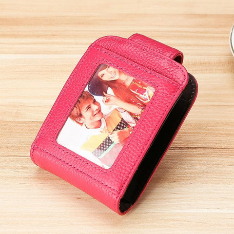 Women Vertical Cowhide Leather Rfid Wallet Rose Red Wallets