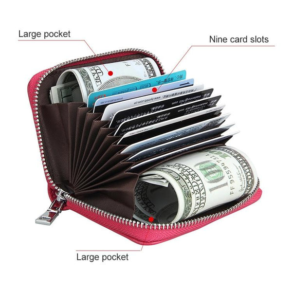 Anti Magnetic Rfid Leather Zip Wallet Zipper Closure Rose Red Wallets