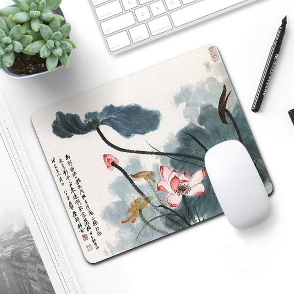 6 Piece Non Slip Mouse Pad Set 21 X 26Cm Thick Rubber Anti Skid Durable Ink Lotus Mouse Pads & Wrist Rests