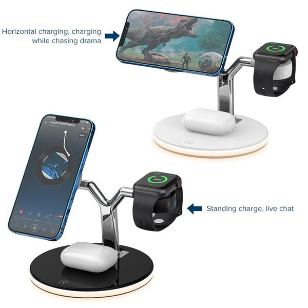 15W 3 In Magnetic Wireless Charger For Phones Watches And Airpods With Led Light White Chargers & Cradles