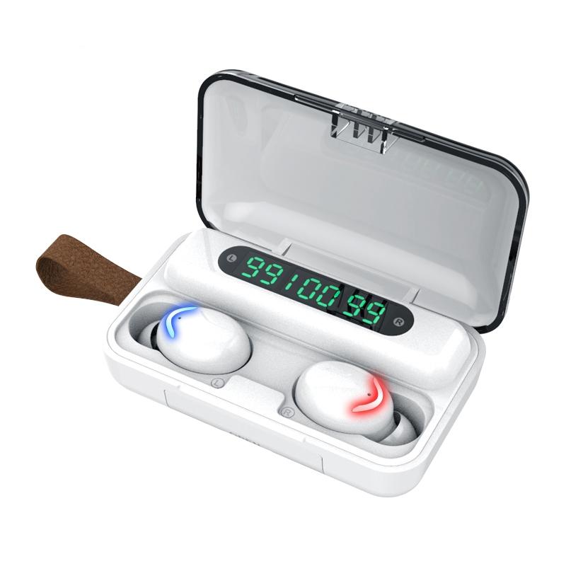 F9 5C Three Screen Digital Display Noise Reduction Bluetooth Earphone With Hand Strap White Earbuds