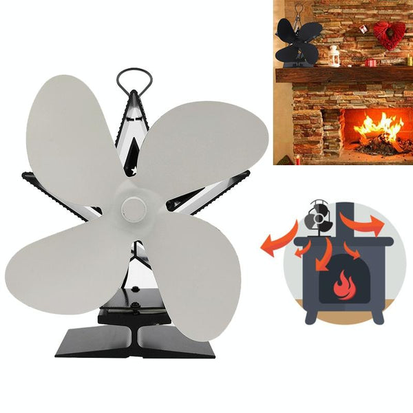 Efficient 4 Blade Heat Powered Stove Fan Aluminum White Fireplace & Stove Accessories