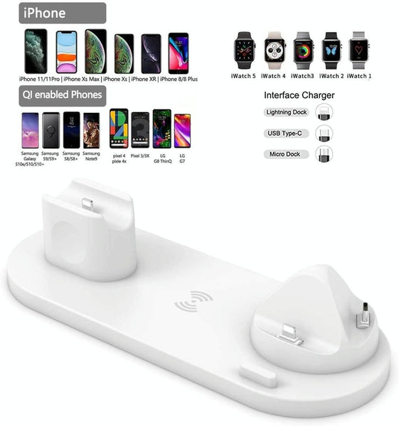 6 In 1 Wireless Charger For Iphone Apple Watch Airpods & Android White Chargers & Cradles