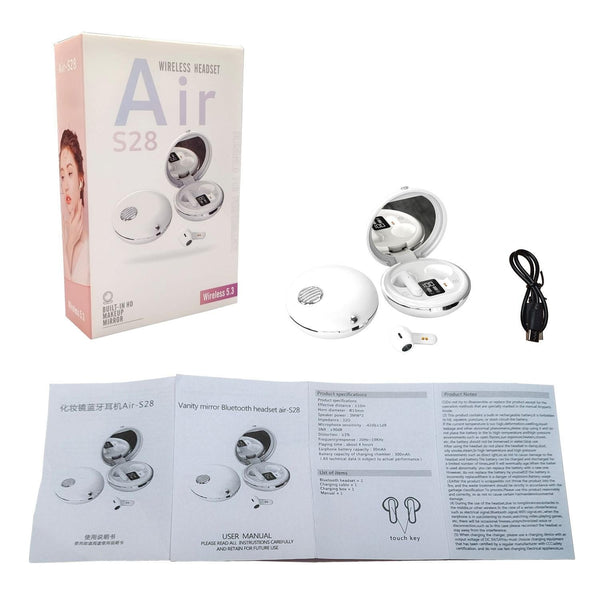 Wireless Hifi Stereo Earphones With Charging Case And Make Up Mirror White Earbuds