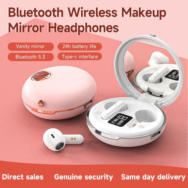 Wireless Hifi Stereo Earphones With Charging Case And Make Up Mirror White Earbuds