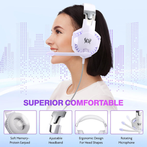 Over Ear Gaming Headset With Mic Led Light And Stereo Bass For Pc Gamer White Headsets