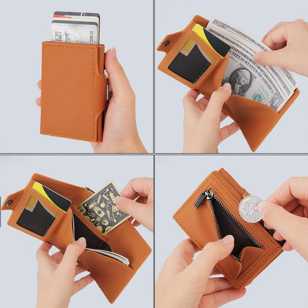 Carbon Fiber Rfid Zipper Card Holder Sleek And Secure Brown Wallets