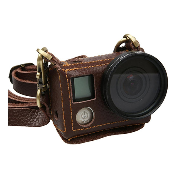 Genuine Leather Protective Case For Gopro Hero4 With Sling And Litchi Texture Camera Cases Bags & Covers