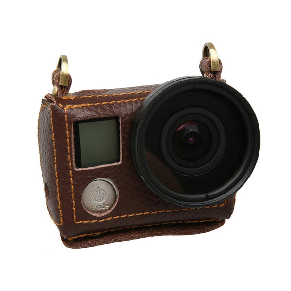 Genuine Leather Protective Case For Gopro Hero4 With Sling And Litchi Texture Camera Cases Bags & Covers