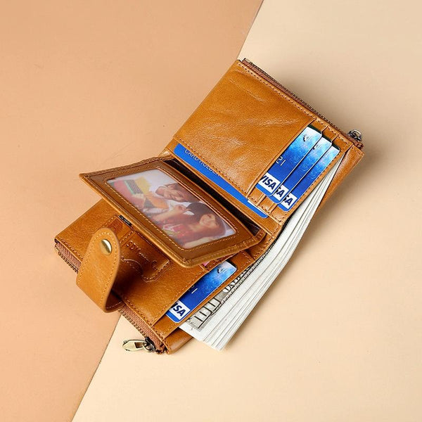 Leather Rfid Wallet With Dual Zippers Brown Wallets