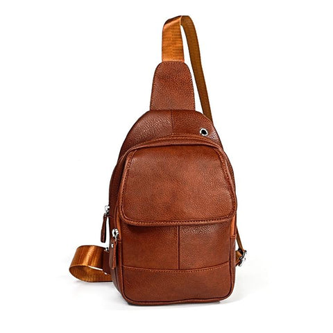 Men Litchi Texture Full Grain Cowhide Crossbody Bag Brown Bags
