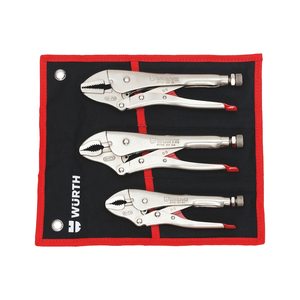 Wurth Locking Set 3 Piece Nickel Coated With Tool Roll Adjustable Clamp Wrench Pliers