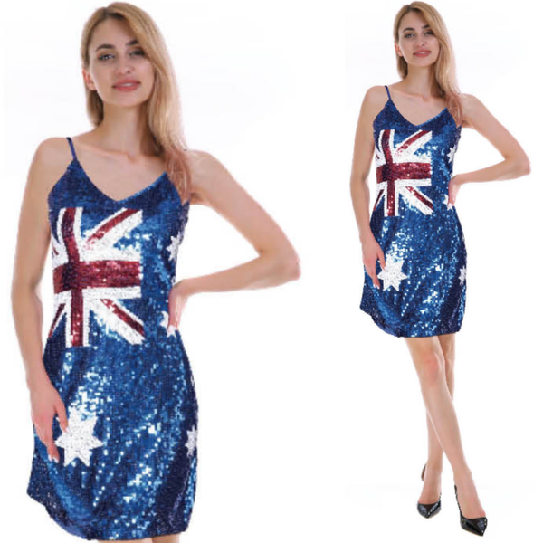 Womens Australia Flag Sequin Dress Australian Day Aussie Oz Costume Unisex Costumes