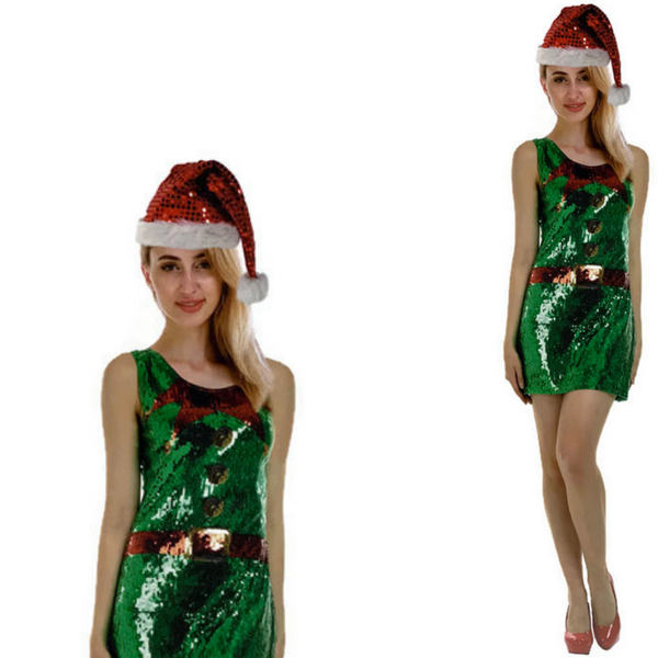 Womens Christmas Sequin Elf Dress Costume Party Up Unisex Costumes