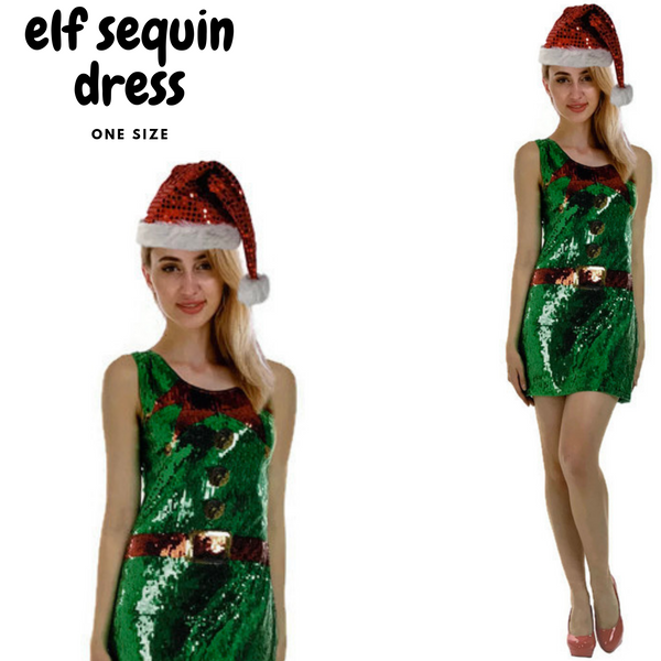 Womens Christmas Sequin Elf Dress Costume Party Up Unisex Costumes