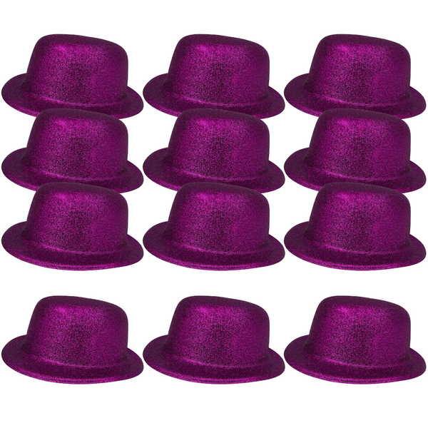 12X Glitter Bowler Hat Fancy Party Plastic Costume Cap Fun Dress Up Sparkle Bulk Purple Hats