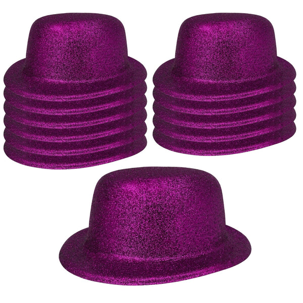 12X Glitter Bowler Hat Fancy Party Plastic Costume Cap Fun Dress Up Sparkle Bulk Purple Hats