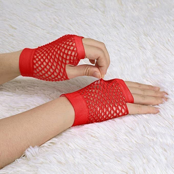 Br Costumes 12 Pair Fishnet Fingerless Wrist Length 70S 80S Party Bulk Red Gloves