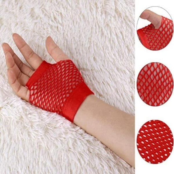 Br Costumes 12 Pair Fishnet Fingerless Wrist Length 70S 80S Party Bulk Red Gloves