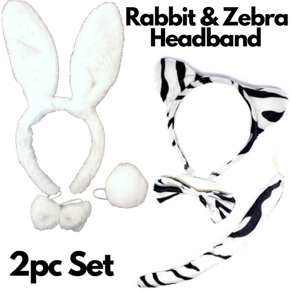 Br Costumes 2Pc Set Animal Headband W Bow Tail Rabbit + Zebra Ears Halloween Party Unisex Costumes