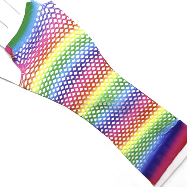 Br Costumes Rainbow Stripe Fishnet Fingerless 80S Burlesque Mardi Gras Dance Gloves