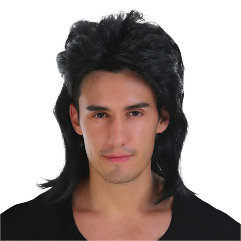 Br Costumes Mullet Wig 80S Party Rock Bogan Punk 70S 90S Hair Black Wigs Facial Hair