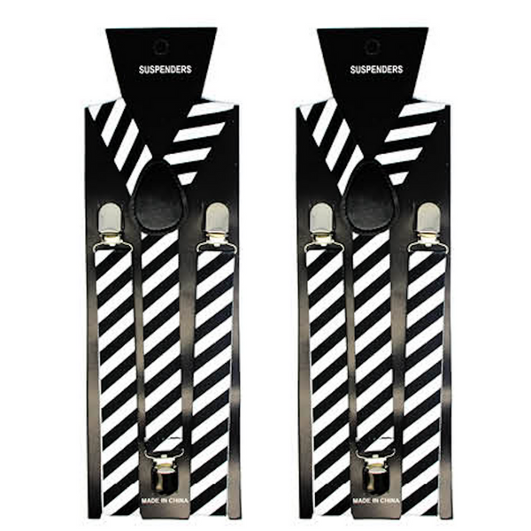 Br Costumes 2X Mens Suspenders Braces Adjustable Strong Clip On Elastic Formal Wedding Slim Black/White Diagonal Stripes Suspenders/Braces