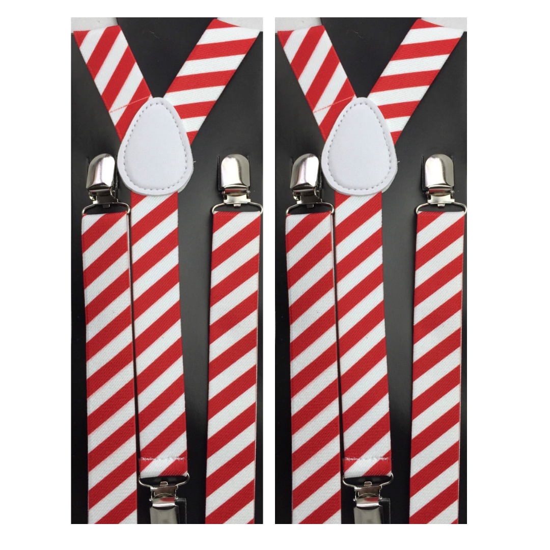 Br Costumes 2X Mens Suspenders Braces Adjustable Strong Clip On Elastic Formal Wedding Slim Red/White Diagonal Stripes Suspenders/Braces
