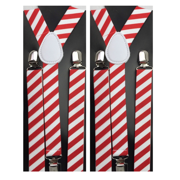 Br Costumes 2X Mens Suspenders Braces Adjustable Strong Clip On Elastic Formal Wedding Slim Red/White Diagonal Stripes Suspenders/Braces
