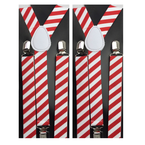 Br Costumes 2X Mens Suspenders Braces Adjustable Strong Clip On Elastic Formal Wedding Slim Red/White Diagonal Stripes Suspenders/Braces