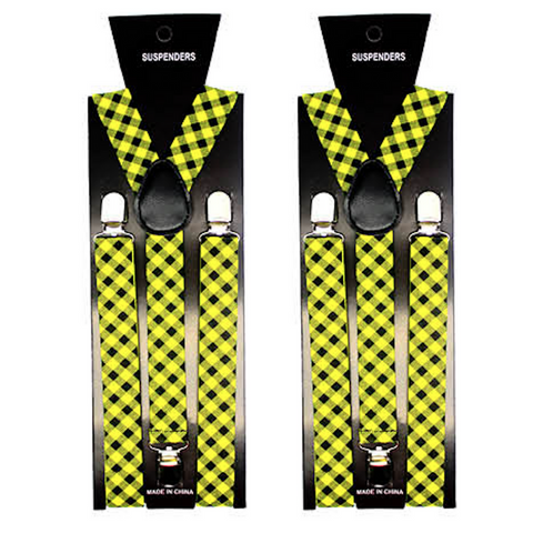 Br Costumes 2X Mens Suspenders Braces Adjustable Strong Clip On Elastic Formal Wedding Slim Black/Yellow Check Suspenders/Braces