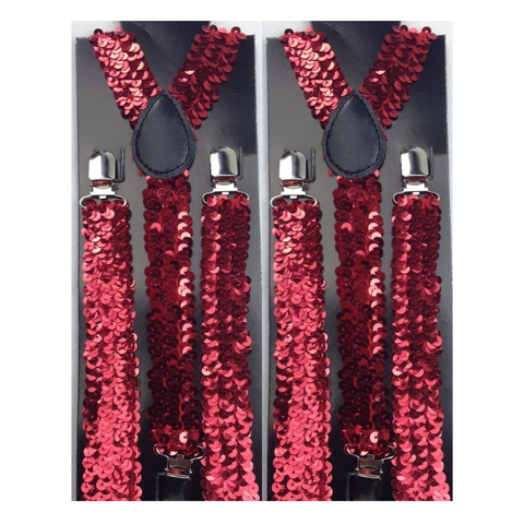 Br Costumes 2X Mens Suspenders Braces Adjustable Strong Clip On Elastic Formal Wedding Slim Red (Sequin) Suspenders/Braces