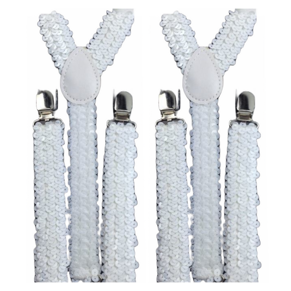 2X Mens Suspenders Braces Adjustable Strong Clip On Elastic Formal Wedding Slim White (Sequin) Suspenders/Braces