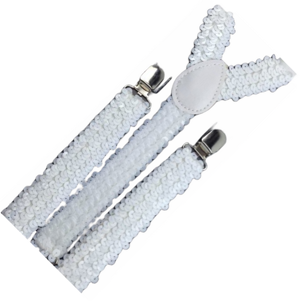 2X Mens Suspenders Braces Adjustable Strong Clip On Elastic Formal Wedding Slim White (Sequin) Suspenders/Braces