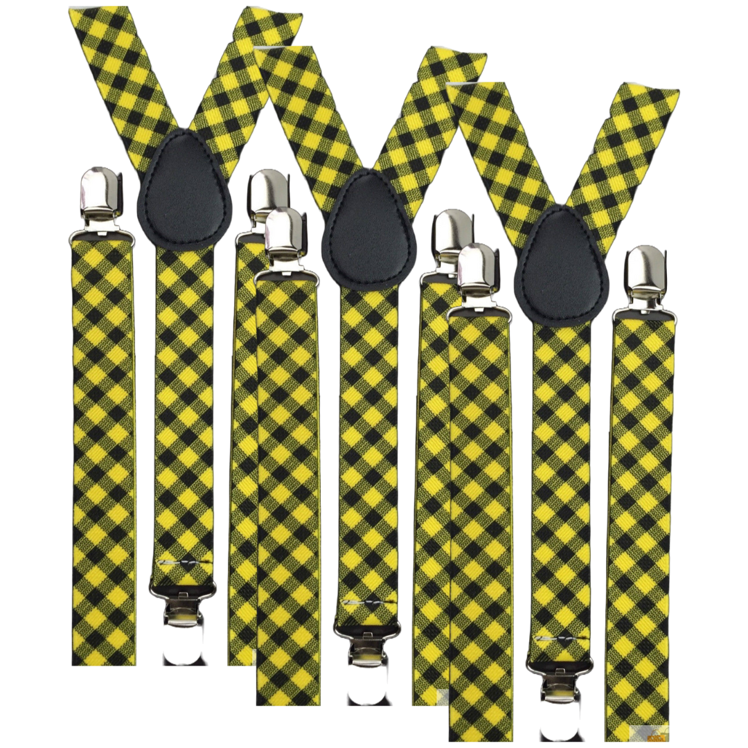 Br Costumes 3X Mens Slim Suspenders Braces Adjustable Clip On Black/Yellow Check Suspenders/Braces