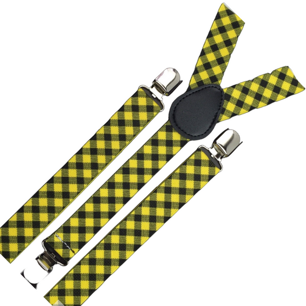 Br Costumes 3X Mens Slim Suspenders Braces Adjustable Clip On Black/Yellow Check Suspenders/Braces