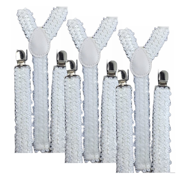 3X Mens Suspenders Braces Adjustable Strong Clip On Elastic Formal Wedding Slim White (Sequin) Suspenders/Braces