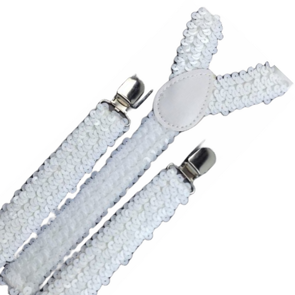 3X Mens Suspenders Braces Adjustable Strong Clip On Elastic Formal Wedding Slim White (Sequin) Suspenders/Braces