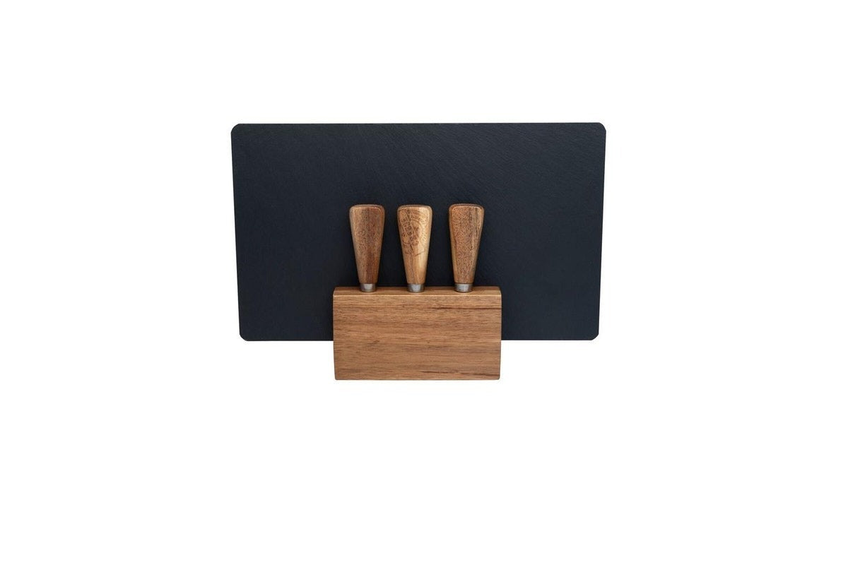 4Pc Euroline Slate Wood 30Cm Cheese Board W/ Plane Knife Fork Brown Cutting Boards