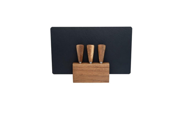 4Pc Euroline Slate Wood 30Cm Cheese Board W/ Plane Knife Fork Brown Cutting Boards