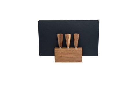 4Pc Euroline Slate Wood 30Cm Cheese Board W/ Plane Knife Fork Brown Cutting Boards