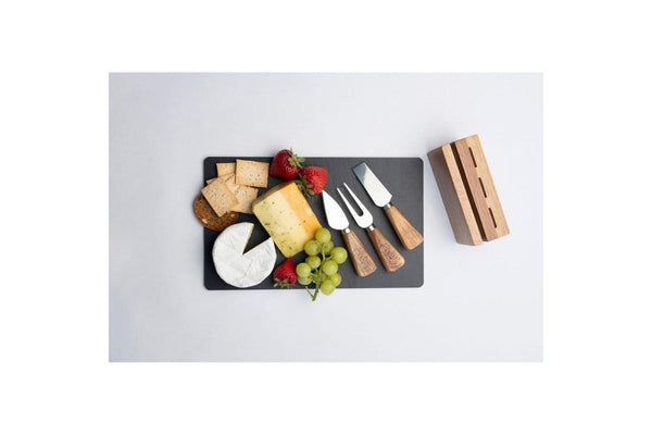 4Pc Euroline Slate Wood 30Cm Cheese Board W/ Plane Knife Fork Brown Cutting Boards